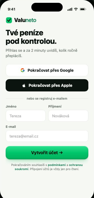 Přihlášení do Valuneto: peníze pod kontrolou za 2 minuty, přes Google nebo Apple